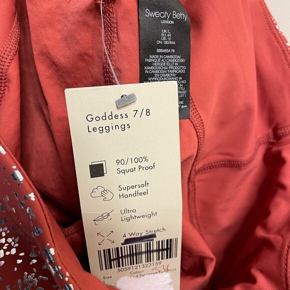 Sweaty Betty 7/8 Goddess Leggings Foil Print High Waisted Red Terrazzo Large - Picture 9 of 9